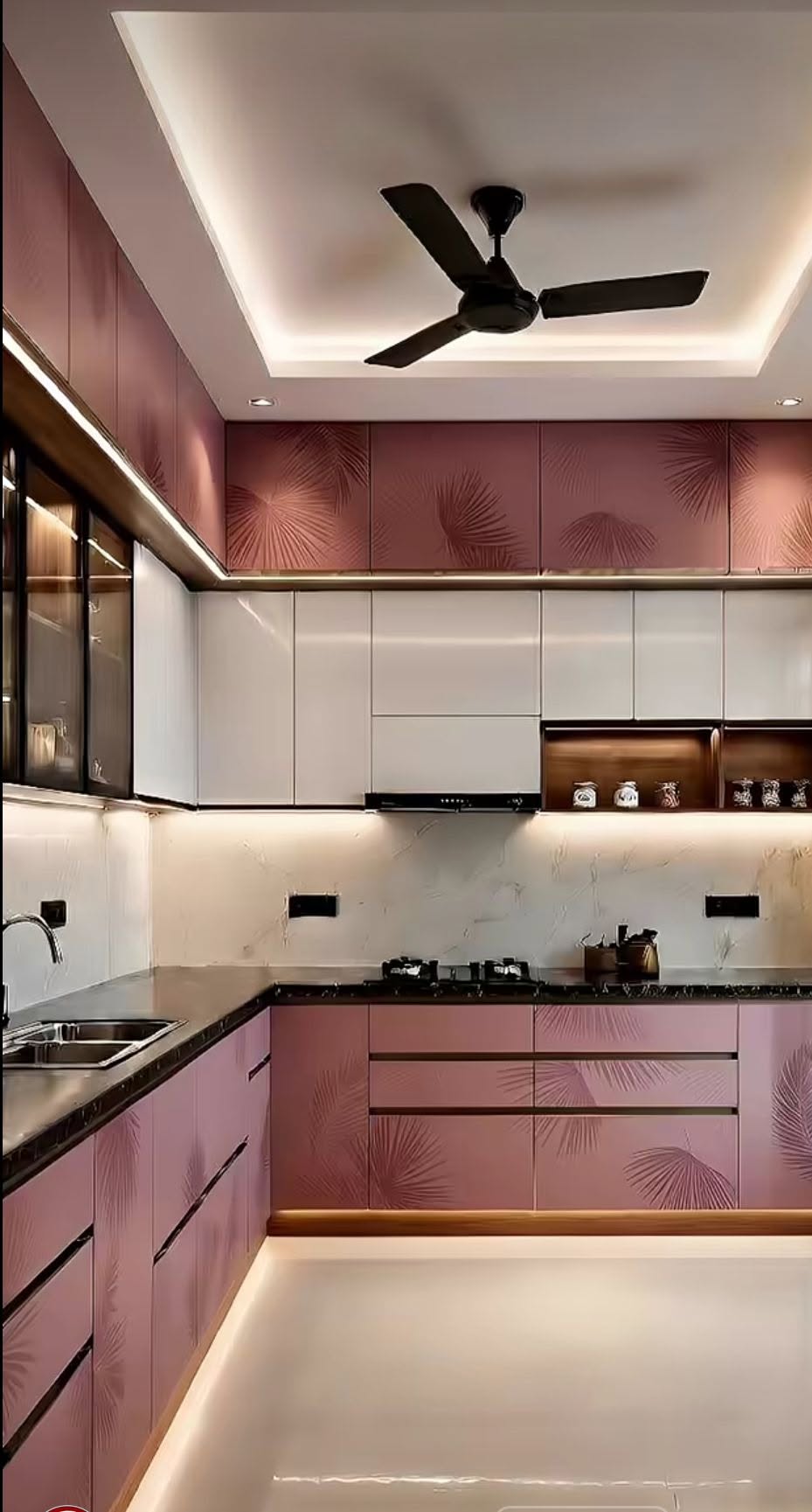 Cocina moderna en tono palo de rosa con acabados texturizados